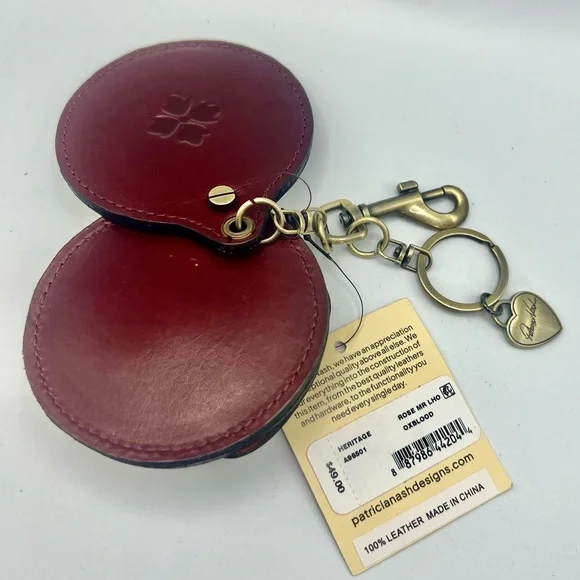 Patricia Nash Ox-blood Rose Leather Compact Mirror Keychain NWT - Picture 3 of 4